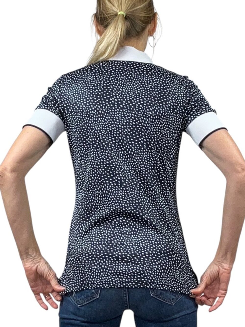 J. Lindeberg Lexie-TX Coolmax Polo Shirt S Blue Polka Dot Golf Tennis - Picture 3 of 16